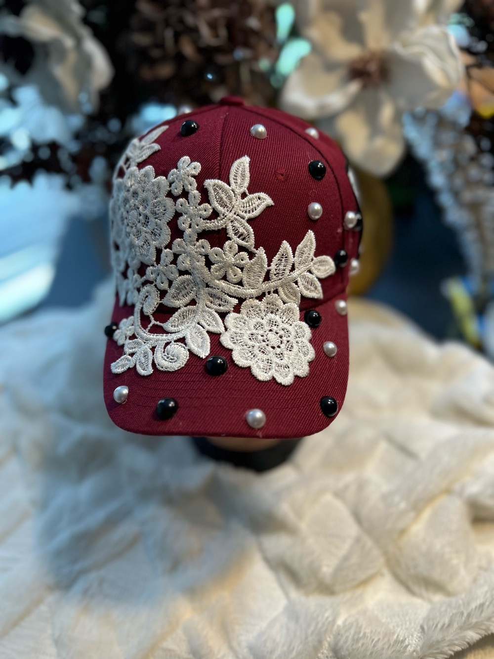 Designers Originals Burgundy Baseball Cap with White Lace & Pearl Accents